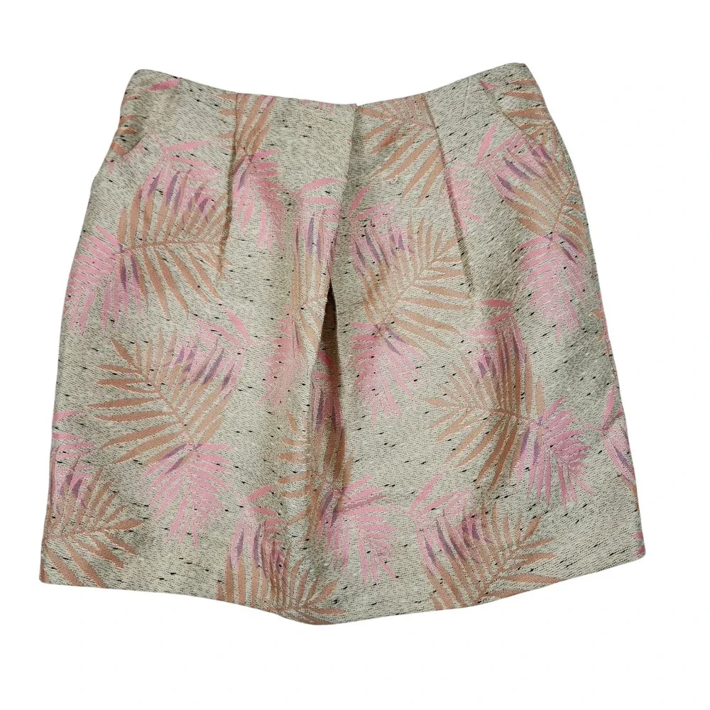 French Connection FRNCH Palm Leaf Jacquard Mini Skirt Pink Tan Tropical Size M